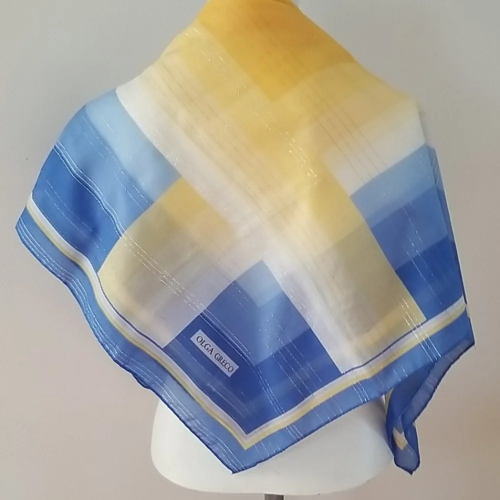 Olga Greco Blue Yellow Metallic Geometric Scarf